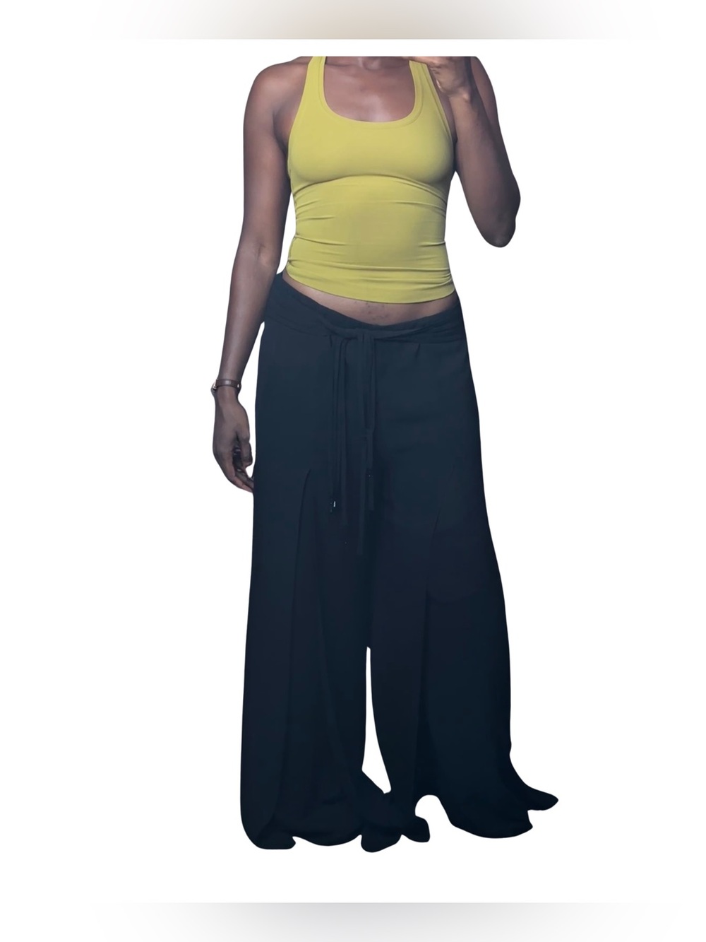 Y2K Black Semi Sheer Palazzo Pants Low Rise Wide Leg Pleated Tie Waist Beaded 12